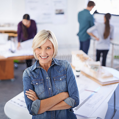 Buy stock photo Portrait, smile and arms crossed with architect woman in office for building, construction or planning. Architecture, design and industry with happy professional in workplace for civil engineering