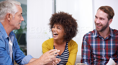 Buy stock photo Laugh, team and CEO brainstorming with paperwork, smile and happiness for employee in workplace. Collaboration, men and woman in interior design business, discuss and plan for creative project