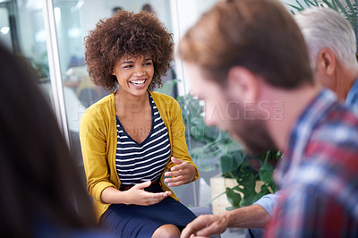 Buy stock photo Creative, boardroom and speaker with smile, talking and presentation to colleagues or coworkers. Workshop, black woman and girl in company for design, startup and business planning for project