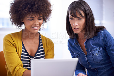 Buy stock photo Women, casual and startup with tablet to search internet for online website or browsing social media, diversity and innovation. Female colleagues, tech and together for digital planning or designs.