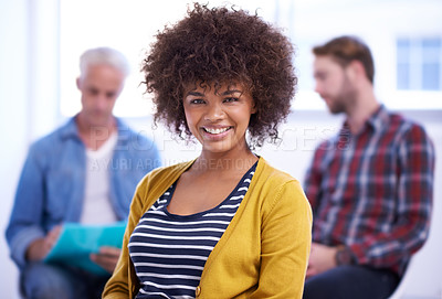 Buy stock photo Portrait, afro and smile for businesswoman, internship and business for young professional. Employee, colleagues and career opportunity for Brazilian female person, happy and designer in meeting