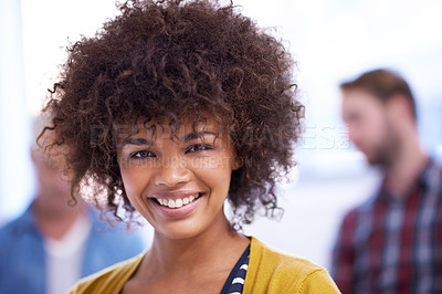 Buy stock photo Portrait, smile and afro for female person, internship and business for young professional. Employee, confidence and career opportunity for Brazilian woman people, happy and corporate for designer