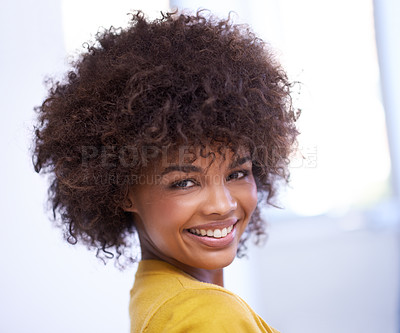 Buy stock photo Portrait, smile and afro from happy female person, beauty and natural or skincare. Confidence, joy and curly haircare and relaxed for Brazilian woman, cosmetic and natural or healthy aesthetic
