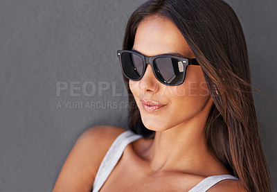Buy stock photo Fashion, mockup or woman in sunglasses in studio on background for cool eyewear or modern style. Model, trendy lady or confident female person isolated with stylish accessory, attitude or edgy shades