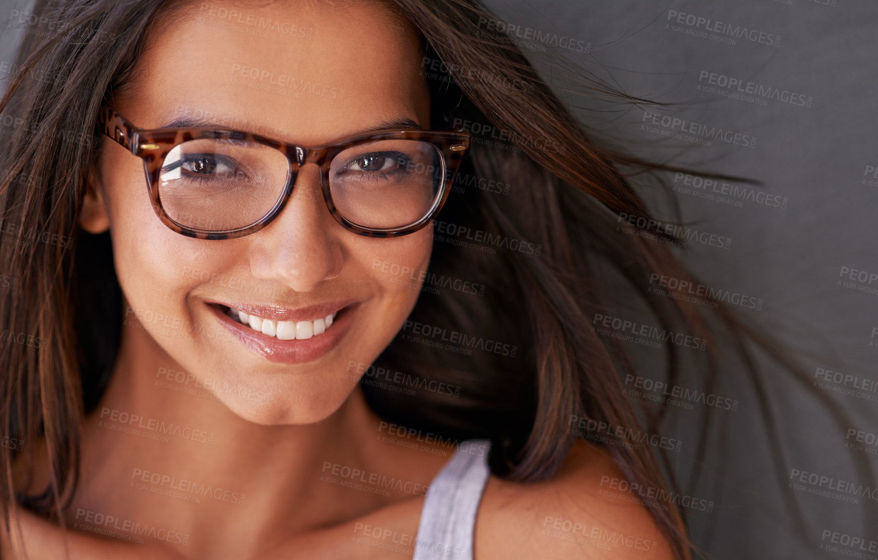 Buy stock photo Woman, face and happy with glasses and eye care, vision with designer frame with prescription lens. Portrait, healthcare and female model with smile and fashion eyewear, optometry and health for eyes