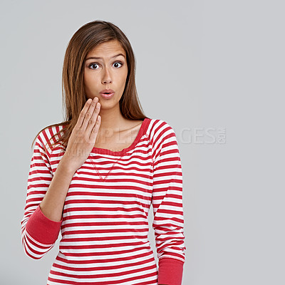 Buy stock photo Hand, shock and portrait of woman with surprise for omg, wow or mockup isolated on gray background. Model, casual or lady for fashion, style and trendy with stripe shirt, top or outfit and expression