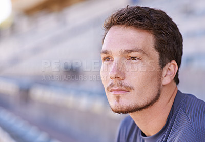 Buy stock photo Man, thinking or idea of fitness, workout or exercise as planning, health or sport stadium. Male runner, vision or motivation to wellness, training or performance as cardio, commitment or outdoor