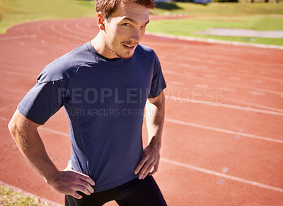 Buy stock photo Portrait runner and track with man, training and fitness with sunshine and cardio for sports and practice for competition. Face, person and athlete with workout for wellness and health with exercise