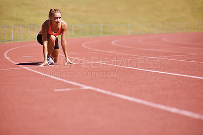 Buy stock photo Fitness, start and woman on running track for competition training, race and performance. Workout, power and runner at stadium for exercise, ready and sports athlete at start for sprint challenge