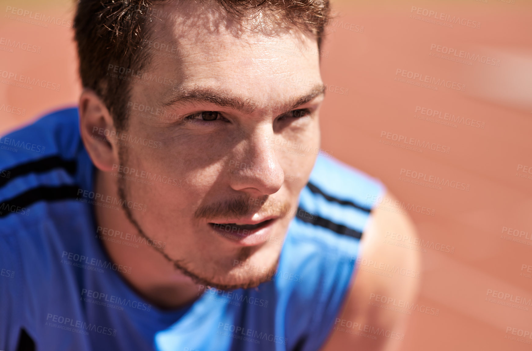 Buy stock photo Man, thinking or idea for running, fitness or exercise as planning, workout or sport arena. Male athlete, runner or vision of training, health or wellness in performance, cardio or commitment outdoor