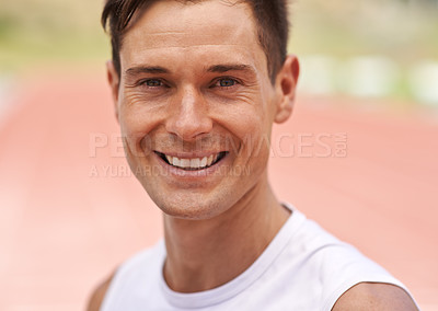 Buy stock photo Athlete, portrait and happy with wellness on stadium, commitment and fitness for marathon race. American, man and face with smile for confident in sport, outdoor and player for running competition
