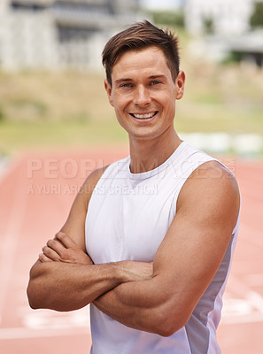 Buy stock photo Athlete, portrait and happy for fitness on stadium, commitment and wellness of sprinting professional. American, man and face with smile for confident in sport, outdoor and training for health body