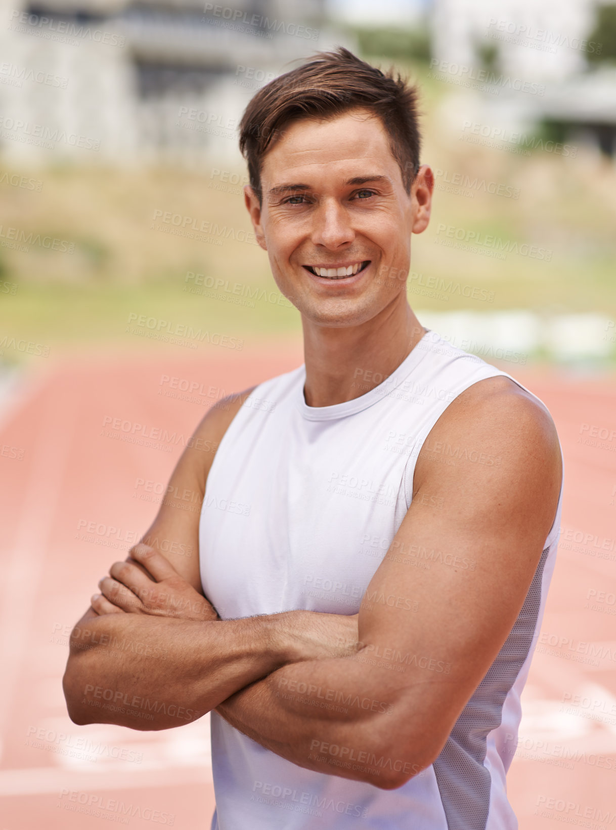 Buy stock photo Athlete, portrait and happy for fitness on stadium, commitment and wellness of sprinting professional. American, man and face with smile for confident in sport, outdoor and training for health body