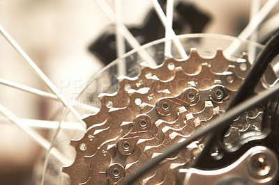 Buy stock photo Closeup shot of a bicycle's rear wheel