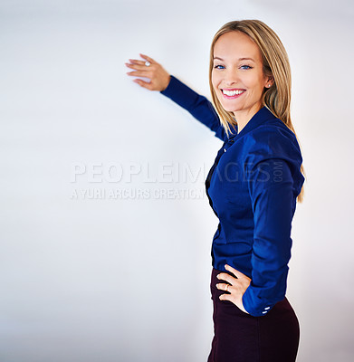Buy stock photo Mockup, businesswoman and professional in portrait for career, startup and confident employee on white studio background. Face, female person and happy as entrepreneur or corporate with smile
