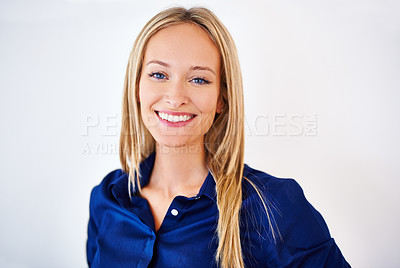 Buy stock photo Studio, portrait and businesswoman with smile, professional and confident with happiness. Female person, entrepreneur and career on white background with pride, positive attitude and joyful face