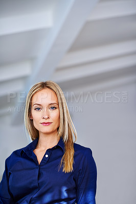 Buy stock photo Studio, portrait and businesswoman with mockup space, professional and confident with pride. Female person, entrepreneur and sales woman for career or startup project and working with positivity