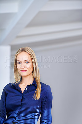 Buy stock photo Confidence, mockup and portrait of business woman in house, home or apartment with happiness for corporate career. Female person, employee and worker in finance, investment and banking in living room