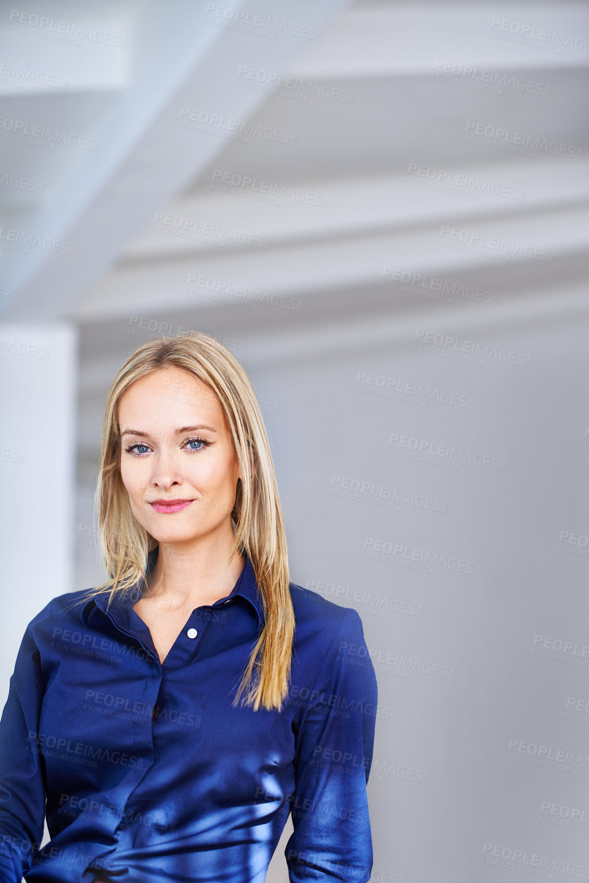 Buy stock photo Confidence, mockup and portrait of business woman in house, home or apartment with happiness for corporate career. Female person, employee and worker in finance, investment and banking in living room