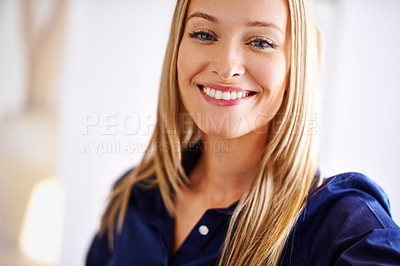 Buy stock photo Smile, portrait and closeup of woman relax in house, home or apartment with happiness for resting, calm and vacation. Female person, educator or teacher on holiday, weekend off and break from work