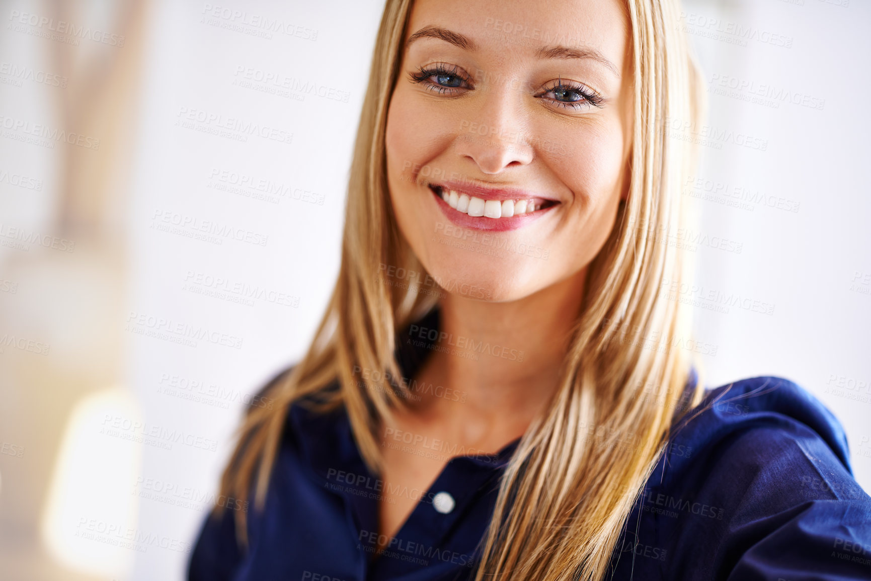Buy stock photo Woman, portrait and selfie smile in home for social media post or profile picture, communication or relax. Female person, face and internet blog for vlogging in apartment, photography or happiness