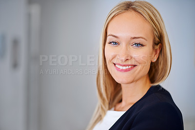 Buy stock photo Professional, portrait and closeup of business woman in office, workspace or confident for corporate career with mockup space. Female person, employee or legal worker as lawyer, attorney or solicitor