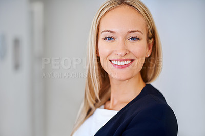 Buy stock photo Smile, happy and portrait of business woman in office, workspace and confident for corporate career with mockup space. Female person, employee and legal worker as lawyer, attorney or solicitor
