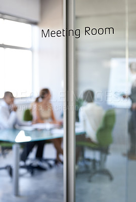Buy stock photo Boardroom, business and team collaboration in a meeting room with company and office glass sign. Management, presentation and conference in the workplace with a workshop and teamwork planning.