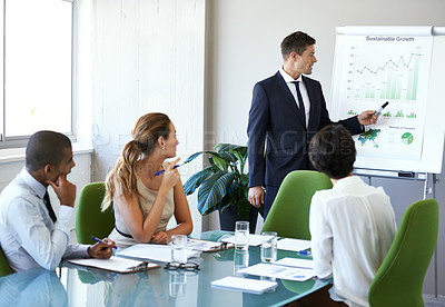 Buy stock photo Business man, speaker or presentation of corporate management team with sustainable growth chart. Training, people or collaboration of eco friendly company staff in conference room for report meeting