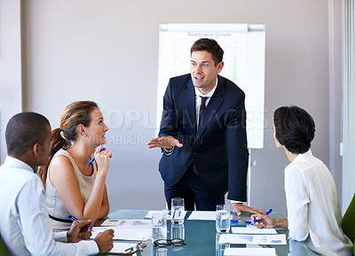 Buy stock photo Meeting, presentation and businessman in office with discussion, stats or speaker at b2b workshop. Teamwork, management and business people in conference room brainstorming ideas, planning and review