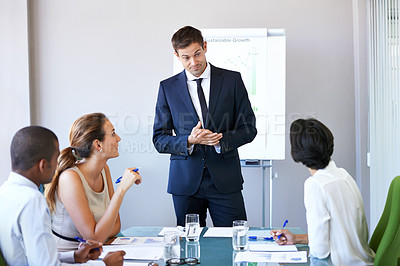 Buy stock photo Meeting, presentation and businessman in office with ideas, stats or speaker at b2b workshop. Teamwork, strategy and business people in conference room brainstorming discussion, planning and review