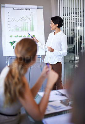 Buy stock photo Business woman, speaker and meeting of a corporate management team with financial chart. Speaking, female manager and collaboration of staff working in a conference room with data strategy and report