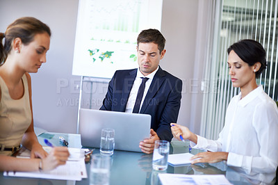 Buy stock photo Coworker, boardroom and meeting with laptop to brainstorm for contract, paperwork and teamwork or collaboration. Business people, office and boss in table with strategy, feedback and company growth.