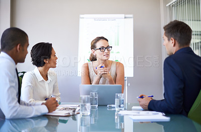 Buy stock photo Team, employees and business woman in meeting, presentation and listening for idea in office, workspace or agency. Leader, people and workers with diversity in corporate career, banking or consulting