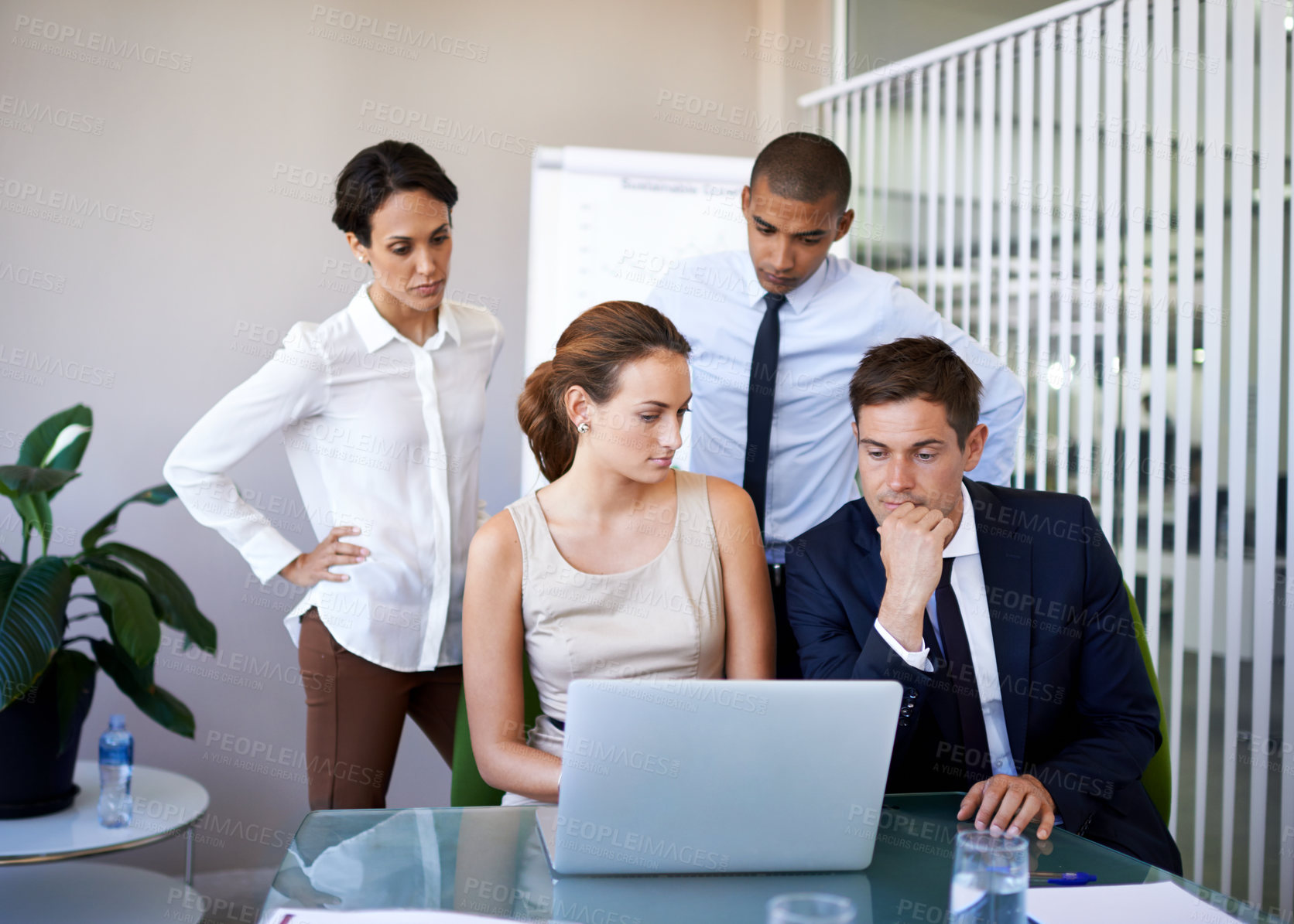 Buy stock photo Business people, laptop and thinking on plan in office, review and collaboration on idea. Colleagues, teamwork and internet for online research, web and problem solving in workplace with support