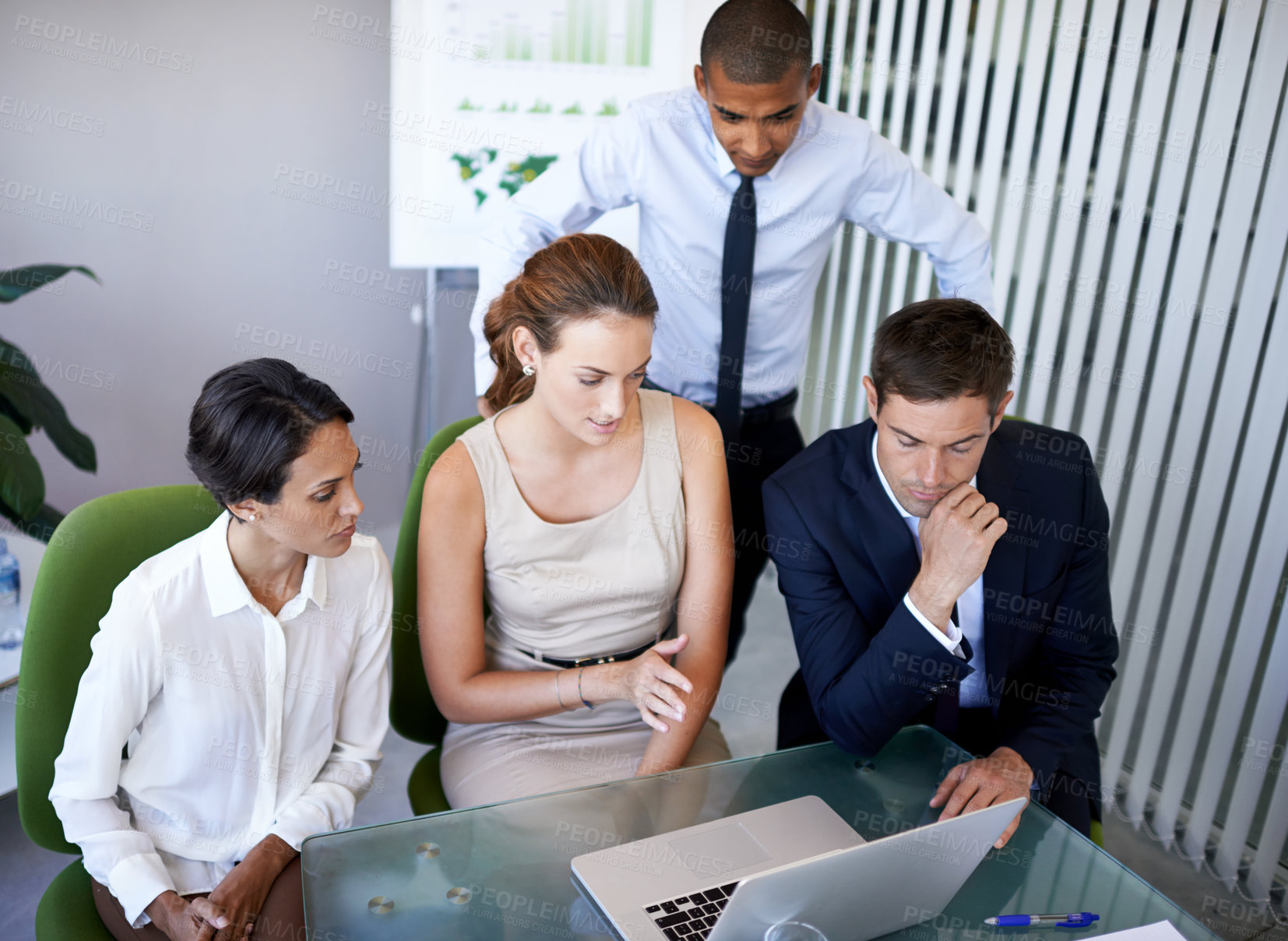 Buy stock photo Business people, laptop and thinking on plan for project, office and collaboration on idea. Colleagues, teamwork and internet for online research, web and problem solving in workplace with support