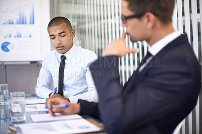 Buy stock photo Businessman, statistics and chart in office with employees, working discussion with coworkers and results. Partnership, team and conversation together for planning and data analysis in boardroom

