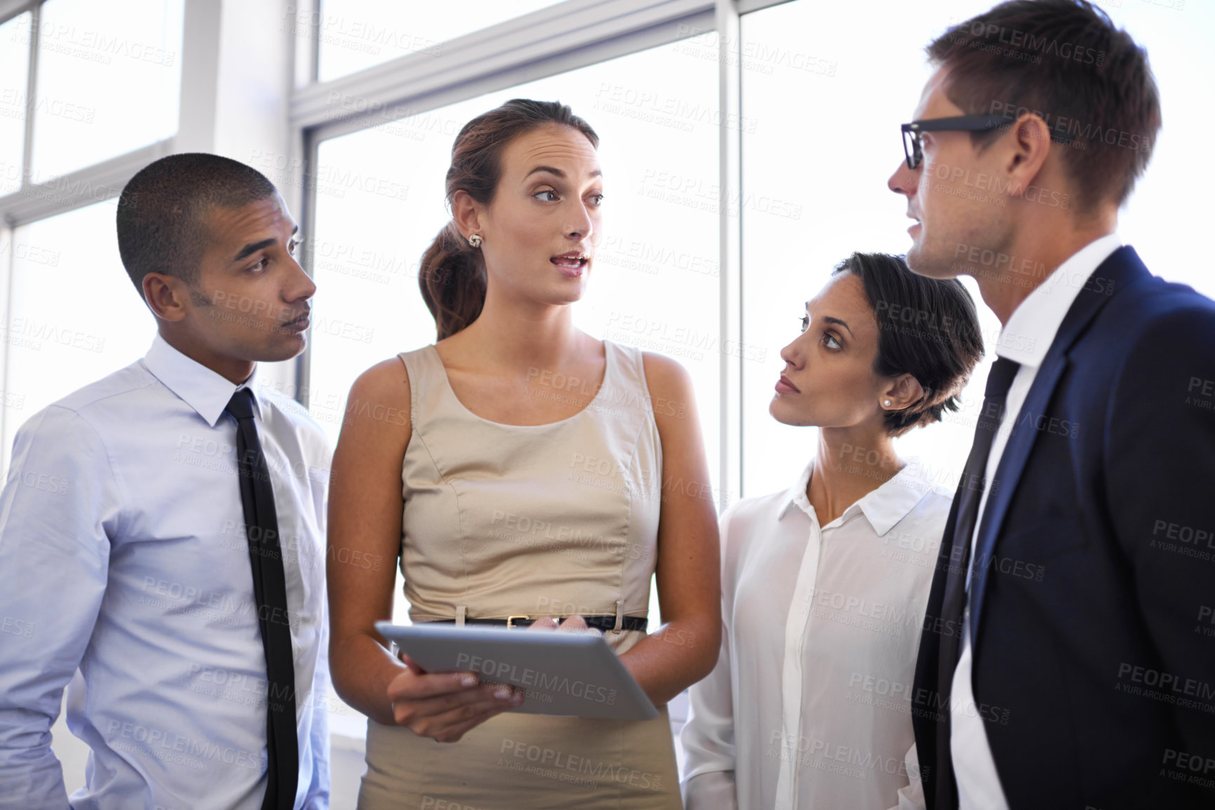 Buy stock photo Business people, tablet and research on plan in discussion, office and collaboration on idea or project. Colleagues, teamwork and internet for planning, web and communication in meeting for support