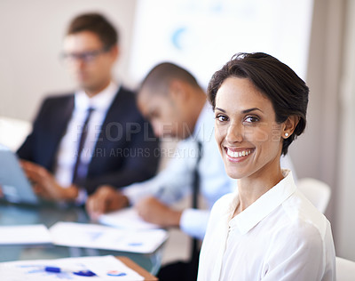 Buy stock photo Meeting, portrait and woman in office with smile, confidence and opportunity at b2b workshop with stats. Teamwork, collaboration and happy face of businesswoman in conference room for business plan