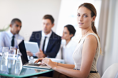Buy stock photo Businesswoman, thinking and office with laptop, corporate environment with online technology. Consultant, idea for teamwork collaboration, partnership and web search for administrator and employees