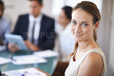 Buy stock photo Meeting, portrait and businesswoman in office with smile, confidence and opportunity at b2b workshop with stats. Teamwork, collaboration and happy face of woman in conference room for business plan