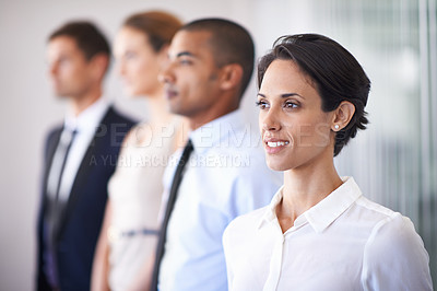 Buy stock photo Row, happiness and woman in group for meeting or job interview in corporate company and professional. Workshop, employee or female person with smile in conference of business for training of staff
