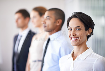 Buy stock photo Row, portrait and woman in group for job interview or meeting in corporate company and professional. Workshop, employee or female person with smile in conference of business for training of staff