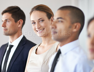 Buy stock photo Workshop, portrait and woman with smile in group for meeting or job interview in corporate company and professional. Row, employee or female person in conference of business for training of staff