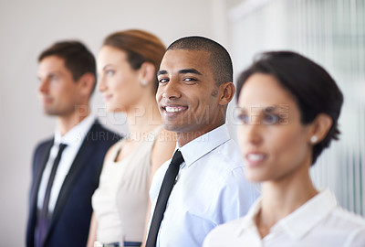 Buy stock photo Row, portrait and man in group for convention or job interview in corporate and professional company. Workshop, employee or male person with smile in conference of business for training of staff