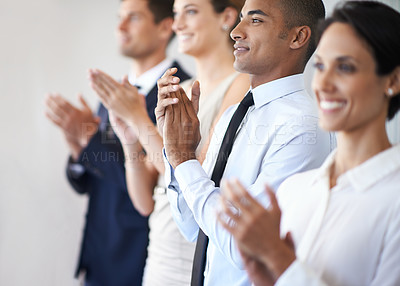 Buy stock photo Diversity, coworker and clapping in office, professional celebration for presentation. Success, standing and applause with corporate businesspeople, team victory for winning in work environment