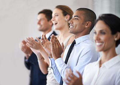 Buy stock photo Diversity, employees and clapping in office, professional celebration or presentation. Success, stand for applause for corporate businesspeople, team victory for winning or good news and achievement