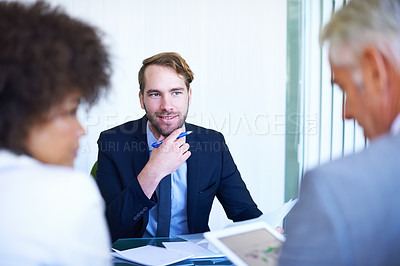 Buy stock photo Collaboration, team and employees in meeting, presentation or listening in office, workspace or conference room. Workers, people and group with diversity in corporate career, finance or banking