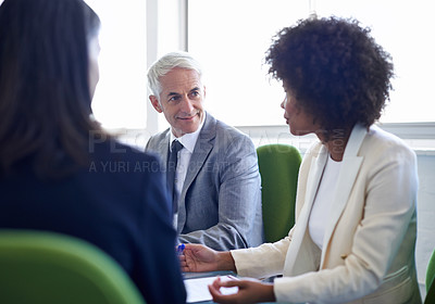Buy stock photo Business people, teamwork and meeting with discussion in conference room for corporate planning, networking and diversity. Professional, employees or collaboration in office with cooperation or ideas