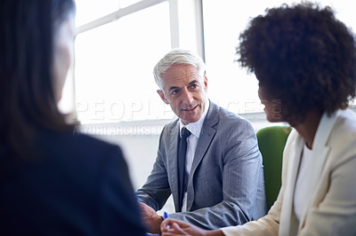 Buy stock photo Business people, collaboration and meeting with discussion in office for corporate planning, networking and diversity. Professional, employees and teamwork in boardroom with talking and listening